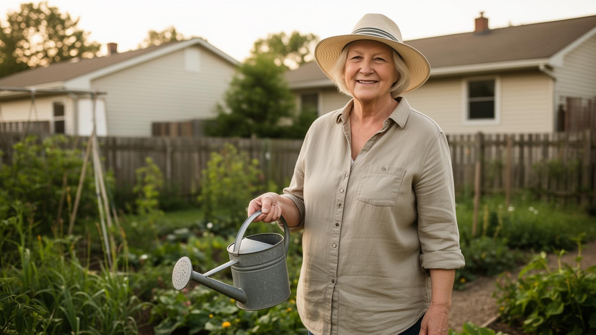 Wisconsin woman retiree smiling in her backyard garden, holding a watering can